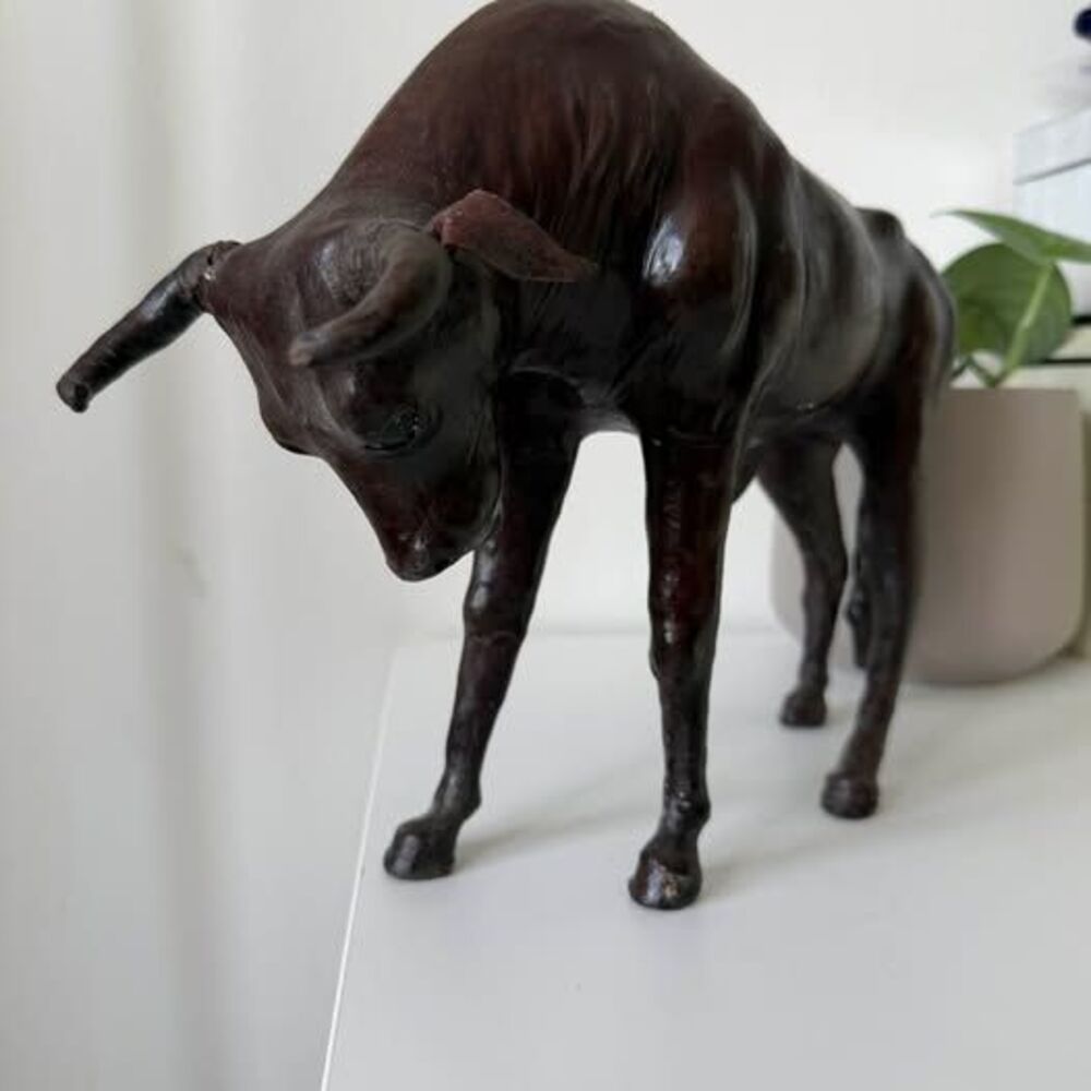 Vintage Leather Wrapped Bull Figurine / Rustic Animal Sculpture (~8"–9" L)